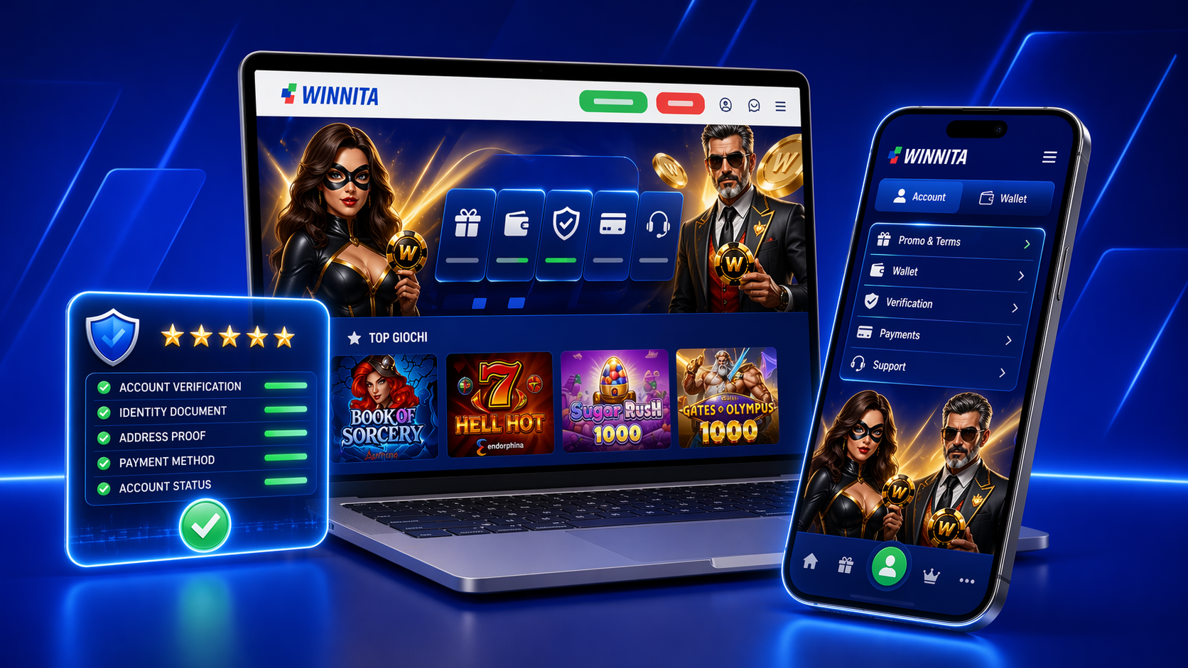 Interfaccia Winnita con aree account, verifica, wallet, pagamenti e supporto
